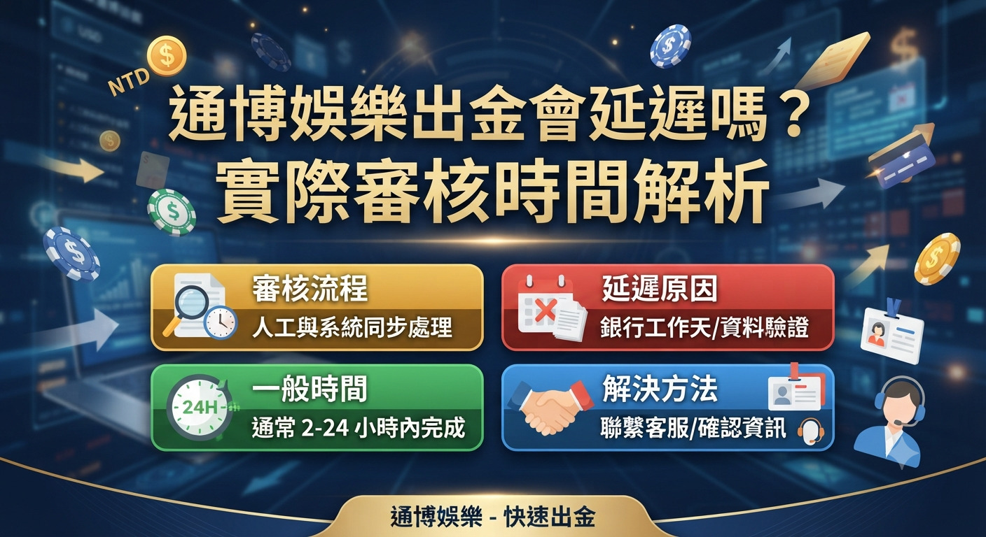 這張圖片探討通博娛樂的出金審核時間與是否會延遲的相關解析。 畫面包含主題標題以及審核流程、一般時間、延遲原因與解決方法的資訊區塊。