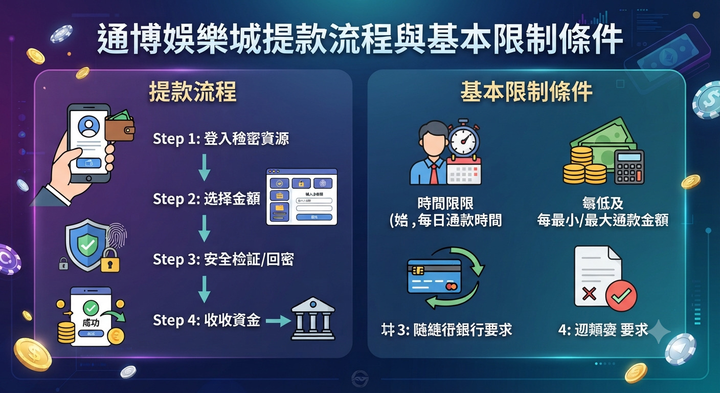 這張圖片展示了通博娛樂城提款流程與基本限制條件的視覺化說明。 畫面透過圖示與區塊清楚列出提款步驟及相關規範。